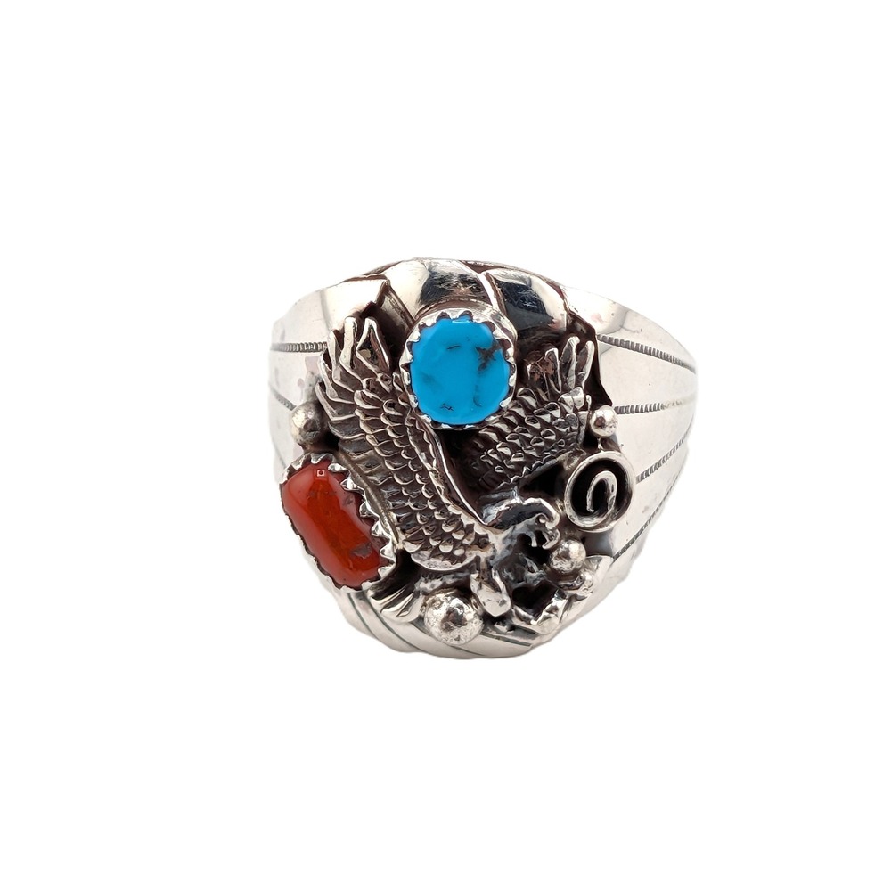 Navajo Men's Eagle Ring Sterling Silver Turquoise Signed Grace Smith Sz 11.5 ***